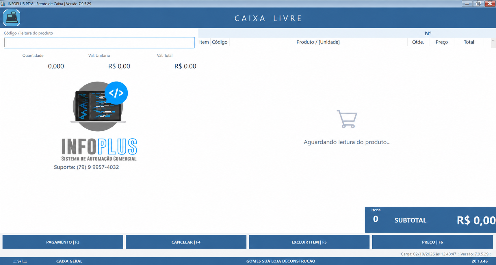 Tela real do INFOPLUS PDV com caixa livre, leitura de produtos e atalhos de pagamento