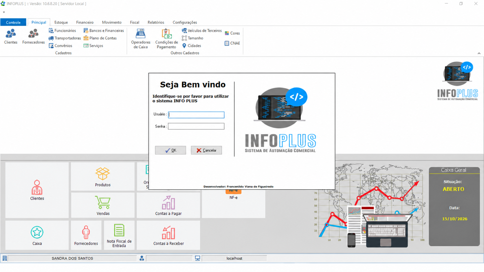 Tela real do INFOPLUS Retaguarda com janela de identificação e menus de cadastros, estoque e financeiro